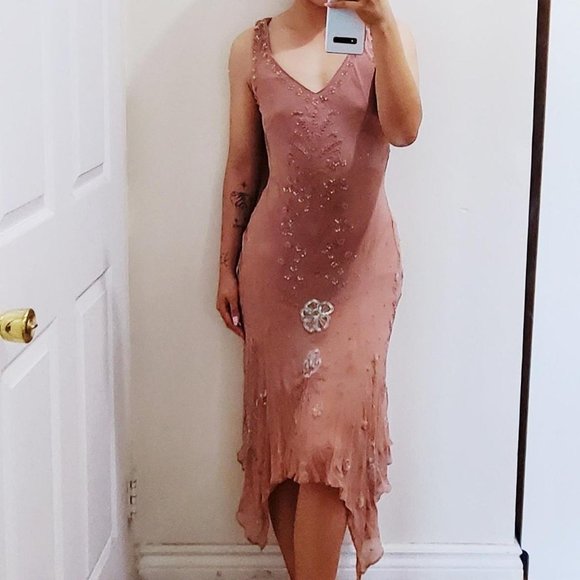 vintage nude pink double-lined flapper sequin mermaid bodycon 100% silk dress - Picture 2 of 3